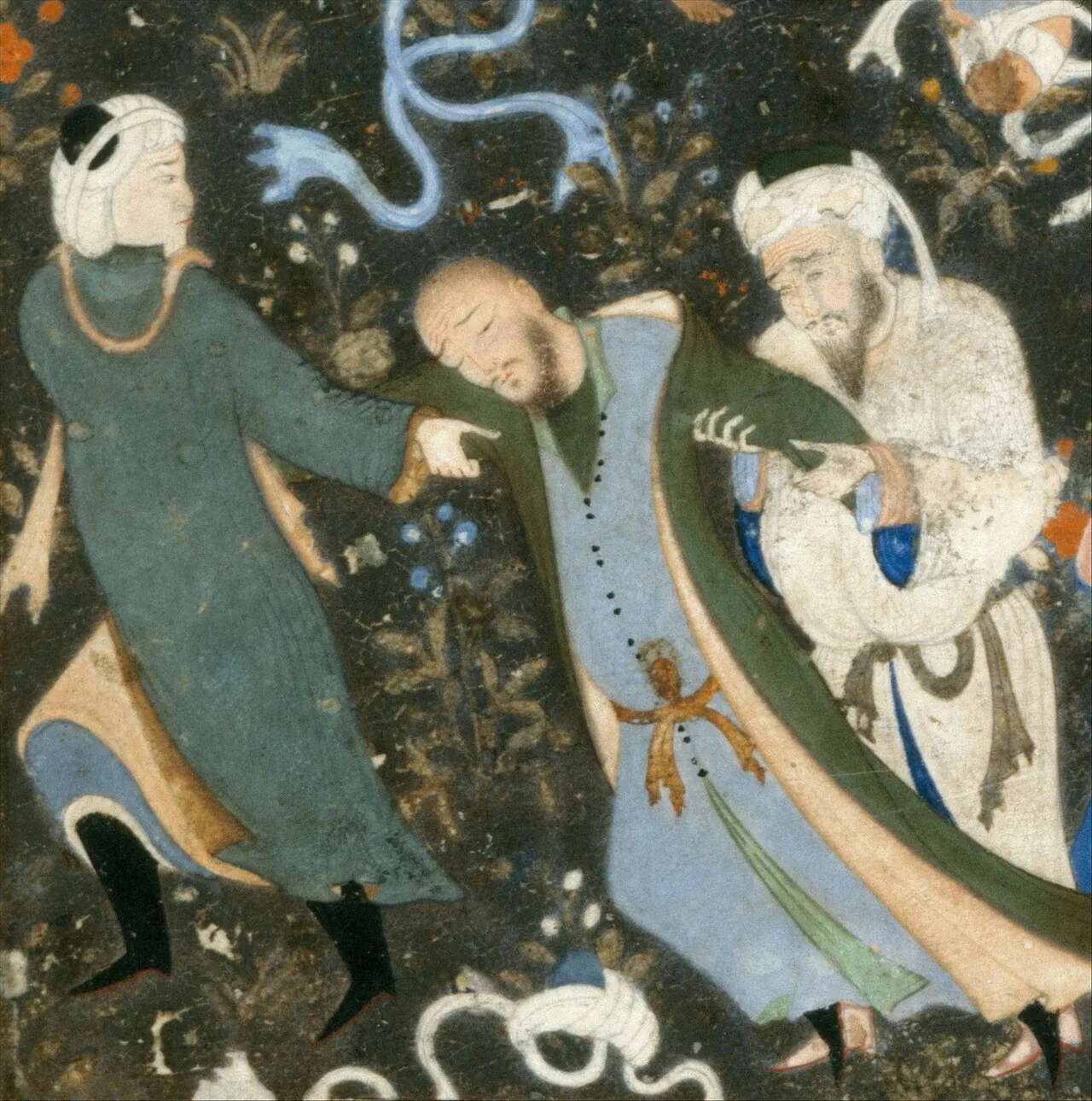 سه درویش در سماع؛ درویش میانی از خود بیخود شده و همراهانش او را نگه داشتهاند